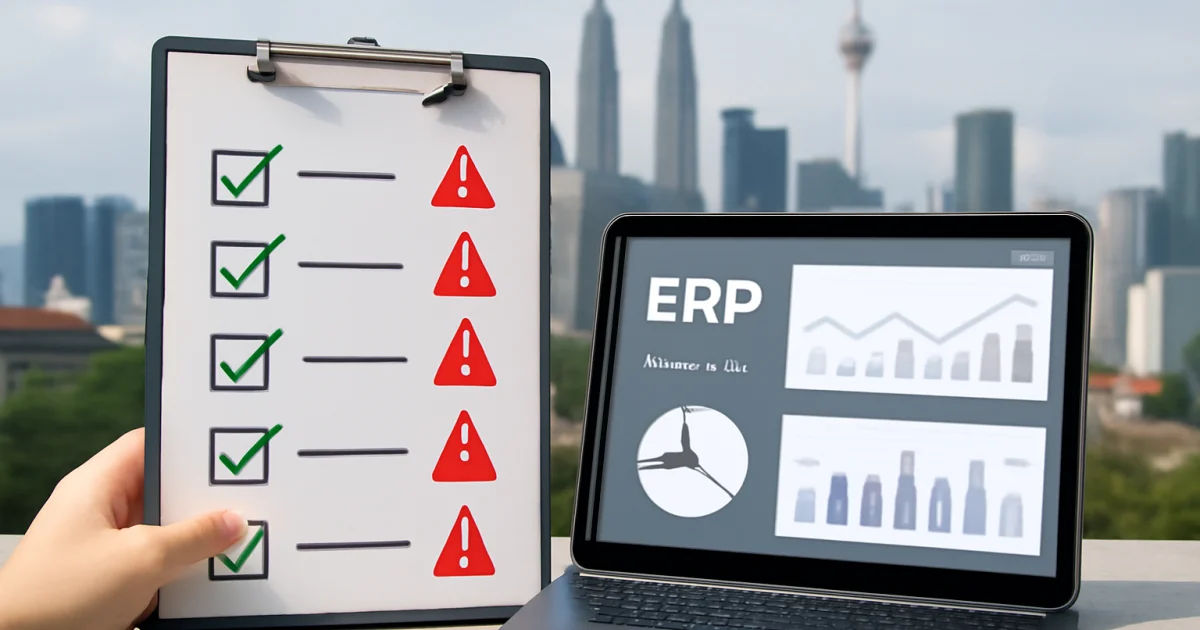 ERP implementation mistakes checklist with warning signs and a Malaysian city skyline