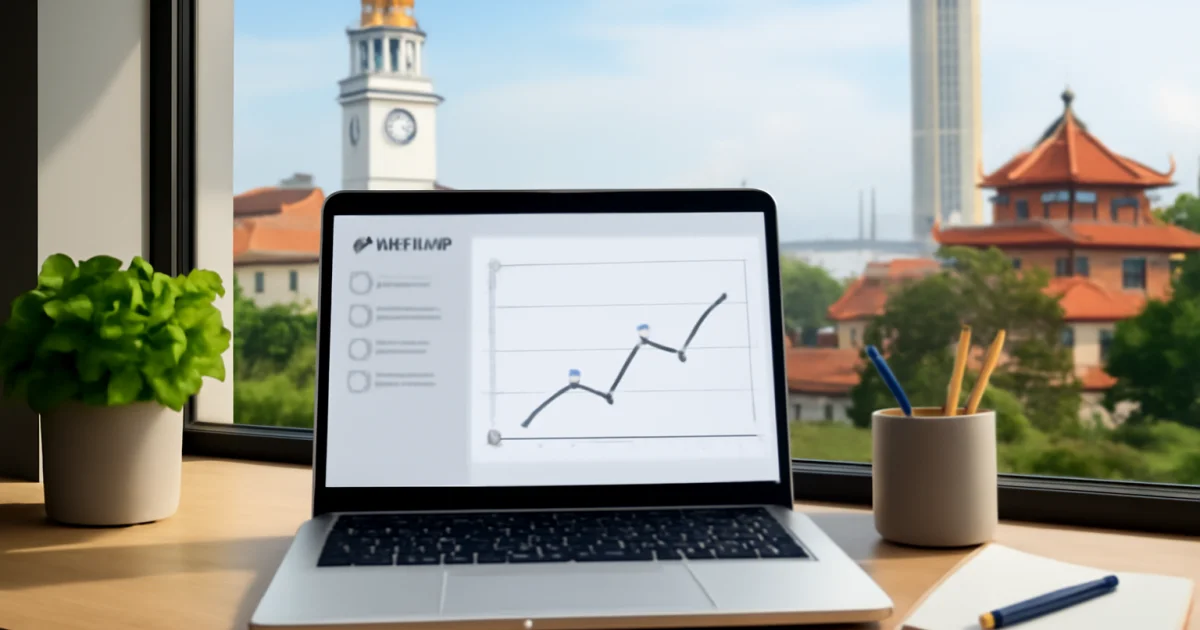 Payroll software setup screen with Penang city elements in the background