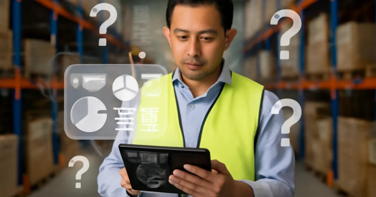 Warehouse manager using ERP software with digital question marks in a trading business warehouse